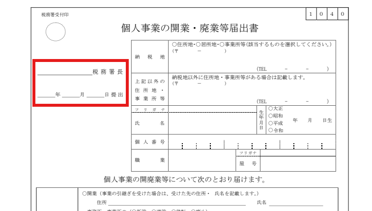 開業届の税務署名・提出日の記入欄に赤枠を付けた図