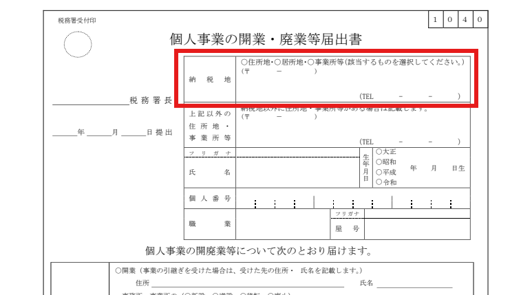 開業届の納税地の記入欄(住所地などを選択)に赤枠を付けた図
