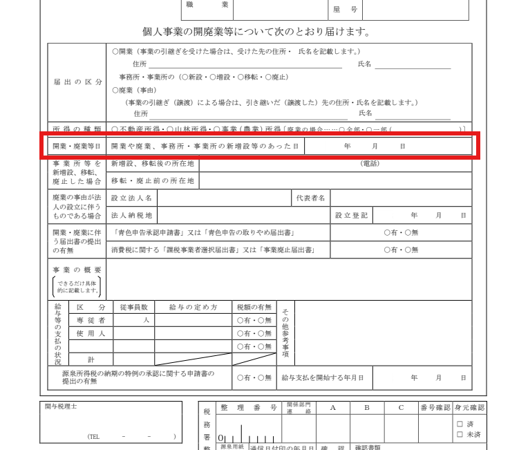 開業届の開業・廃業等日の記入欄に赤枠を付けた図