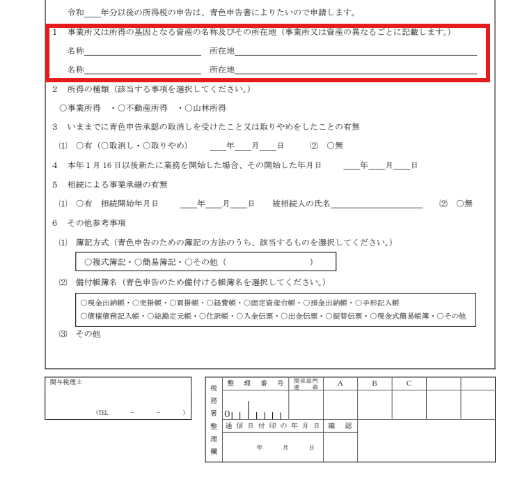 青色申告承認申請書の事業所等の名称・所在地の記入欄に赤枠を付けた図