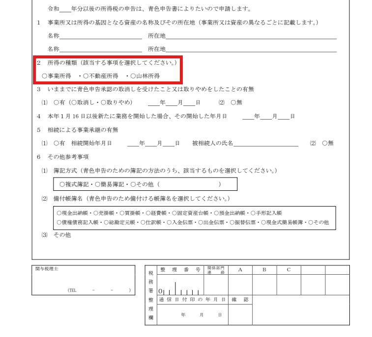 青色申告承認申請書の所得の種類(事業所得に丸)に赤枠を付けた図