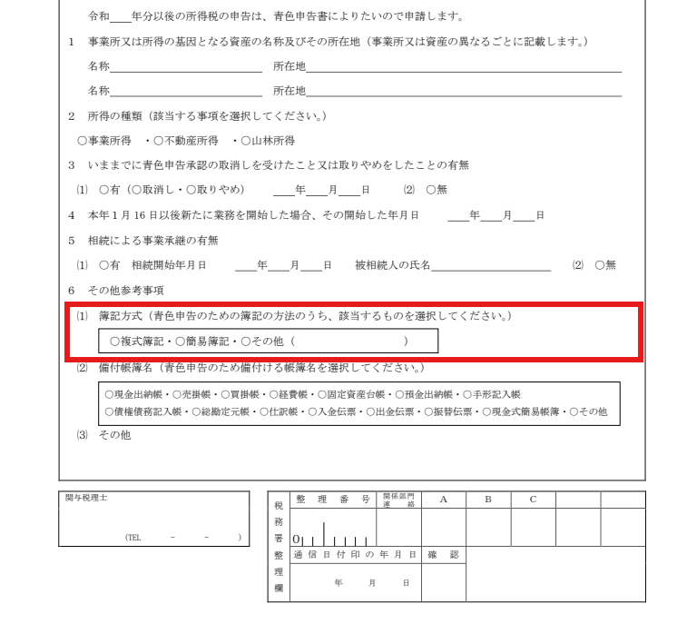 青色申告承認申請書の簿記方式(複式簿記に丸)に赤枠を付けた図
