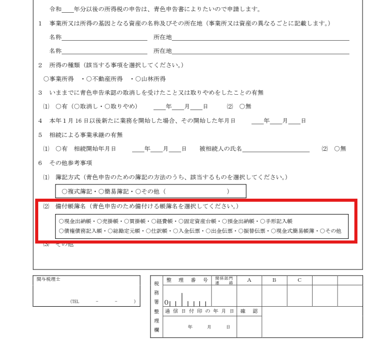 青色申告承認申請書の備付帳簿名(65万円控除に必要な8帳簿に赤枠)を示した図